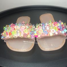 Nwt- Multi Color Gem Slide Sandals - Nude Various Sizes Available Details & Fit * Sandal * Open Toe * No Heel: Less Than 1 Inches * Rhinestones * Slides * Sparkle * Gems Look Radiant When The Light Hits Them Gucci Flip Flops, Badgley Mischka Shoes Wedding, Rainbow Flip Flops, White Strappy Sandals, Rhinestone Slides, Snake Patterns, Silver Sandals, Studded Sandals, Colored Gems