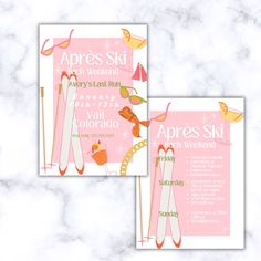 two pink skis are next to each other on a marble surface with the words apres ski