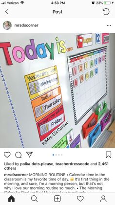 a bulletin board with the words today is written on it and an image of a school calendar