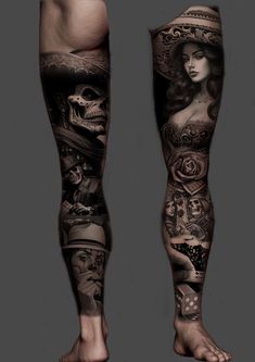 tattoos on the legs and leg are all different styles, but there is no image to describe