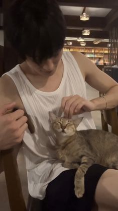 a woman sitting in a chair petting a cat with her hand on the arm