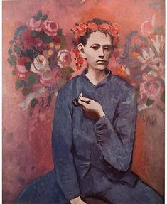 a painting of a woman with flowers in her hair sitting on a chair holding a cell phone