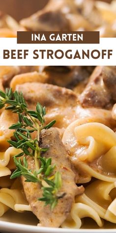 an image of beef stroganoni with sauce and herbs on the side in a white bowl