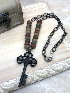 Key Jewelry Diy, Skeleton Key Jewelry, Key Racks, Pink Zebra Jasper, Key Diy, Key Crafts, Key Collection, Leopard Skin Jasper, Skeleton Key Necklace