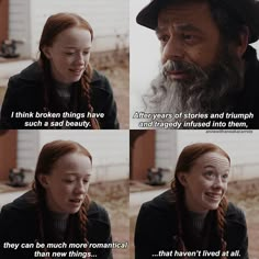 a woman with red hair and a long beard is talking to an older man in a hat