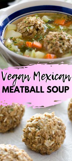 vegan mexican meatball soup in a blue and white bowl