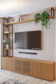 a flat screen tv sitting on top of a wooden shelf next to a potted plant