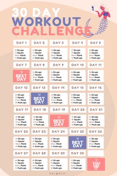 the 30 day workout challenge is shown in pink, blue and white with an image of a