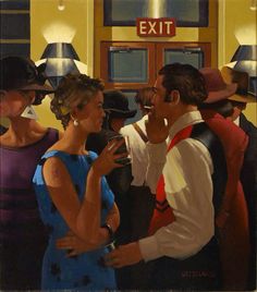 a painting of a man and woman talking to each other in front of an exit sign