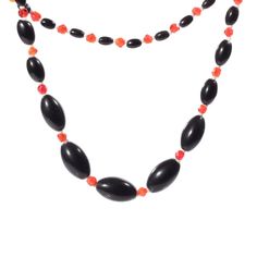 Vintage 29" beaded necklace Czech gradual black oval orange English cut glass beads Vintage Black Beaded Necklace With Colorful Beads, Vintage Black Necklace With Oval Beads, Vintage Black Jewelry With Colorful Beads, Black Vintage Jewelry With Multicolored Beads, Black Vintage Beaded Necklaces With Colorful Beads, Black Beaded Jewelry With Oval Beads, Black Jewelry With Colorful Oval Beads, Black Oval Beaded Necklaces, Black Necklace With Colorful Oval Beads