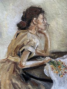 a painting of a woman sitting at a table