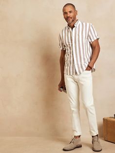 Linen-Cotton Shirt | Banana Republic Mens Summer Button Up Shirts, Linen Shirt Outfit Men’s Beach, Laundry Wardrobe, Mens Vacation Outfits, Summer Fits Men, Linen Shirt Outfit, Vegas Outfits, Cruise Attire, Garden Party Outfit