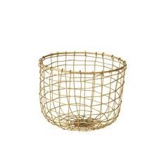 a gold wire basket on a white background