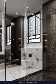 a bathroom with black and white marble walls