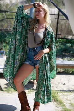 "Gold and Green Summer Kimono Cover-Up, Women's Boho Chic Small Flower Print Duster Robe, Oversize Open Mid-Calf Stylish Silky Kimono Top This is the perfect lightweight Kimono, Trendy and high quality, with a statement that cannot be ignored. For Summer, spring, or fall, and looks amazing with just a simple pair of jeans and a tank top!  It has a beautiful print. It has tassels in the hemline, which makes it chic and bohemian, it drapes beautifully and has square oversized sleeves. Size - Available in 1 Size - Fits ALL! Length is 48.5\", 123 cm (shoulder to hem) View all kimonos in my shop - https://etsy.me/2sYldj4 ⊱I ship your item/s with a beautiful vintage silk sari bag~ Please get in touch with me if you need any help. Check out my store for more beautiful items: https://www.etsy.com/ Look Kimono, Gilet Kimono, Swimwear 2021, Cardigan Kimono, Casual Kimono, Chiffon Kimono, Loose Cardigan, Summer Cardigan, Cardigan Casual