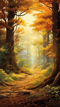 a painting of a path in the woods with bright sunlight coming through trees and leaves