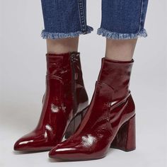 Step into style with our Women's Maroon Patent Leather Chunky Heel Ankle Boots. Featuring a trendy design, zip closure for easy wear, and a comfortable chunky heel for all-day chicness. Color: Maroon Material: Patent leather Heel Type: Chunky heel Heel height: 4" / 100 mm approx Product measurements were taken using size 8. Please note that measurements may vary by size. Toe: Pointed toe Side zipper closure design Handcrafted US sizing. Fits true to size. Chunky Heel Ankle Boots, Work Formal, Black Shoes Heels, Block Heel Ankle Boots, Red Boots, Heel Ankle Boots, Patent Leather Heels, Ankle Bootie, Formal Attire