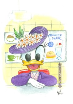 a drawing of a duck wearing a purple hat with flowers on it's head