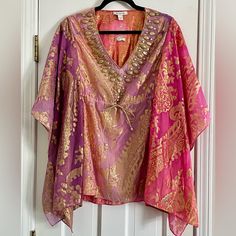 Stunning Nwot Vintage Medium Kimono Top From Boston Proper. Features Sweet Bead Work, Gold Thread, Ombr Pink And Purple Material, Gold Rope Under Bust, Attached Extra Flourishes, Fun Paisley And Floral Print. Measures About 29” In Length And About 19.5” Pit To Pit. From Smoke Free Dog Friendly Home. Festive Silk Purple Kaftan, Festive Purple Silk Kaftan, Purple Bohemian Festive Kaftan, Purple Bohemian Kaftan For Festive Occasions, Bohemian Purple Kaftan For Festive Occasions, Purple Silk Kaftan For Summer, Pink Bollywood Style Summer Kaftan, Pink Bollywood Kaftan For Summer, Pink Bollywood Style Kaftan For Summer