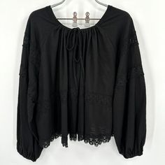 In Loom Women's Lace Blouse Color: Black Size: Medium Condition: New With Tags Black Bohemian Peasant Top For Fall, Black Long Sleeve Peasant Top For Festival, Black Peasant Top For Festival, Black Long Sleeve Peasant Blouse, Black Long Sleeve Peasant Top, Black Long Sleeve Bohemian Peasant Top, Women Lace Blouse, Black Lace Blouse, Boho Crochet