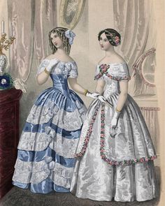 Victorian Drawings, 19th Century Gown, 1850s Dress, 1840s Fashion, Victorian Era Dresses, 1860s Fashion, History Bounding, 1850s Fashion, Girly Pop