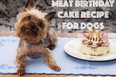 a small dog sitting next to a cake on a table