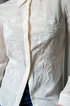 White Silk Embroidered Blouse Silk Embroidery Blouse - Etsy Elegant Tops With Intricate Embroidery For Spring, Elegant Cream Top With Floral Embroidery, Long Sleeve Top With Floral Embroidery For Weddings, Wedding Long Sleeve Top With Floral Embroidery, Silk Long Sleeve Tops With Floral Embroidery, Formal Long Sleeve Tops With Intricate Embroidery, White Silk Feminine Blouse, Elegant Long Sleeve Embroidered Blouse, White Silk Blouse For Wedding