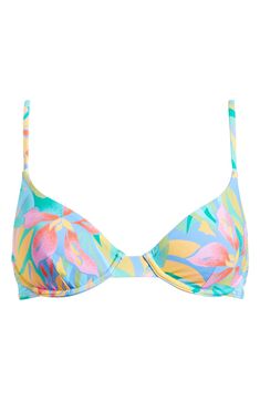 This printed bikini top features a supportive underwire and triangle cups for all-day comfort at the beach. Clasps at back Adjustable straps 78% recycled nylon, 22% elasane Machine wash, line dry Imported Blue Push-up Swimwear For Beachwear, Multicolor Push-up Bra For Summer, Multicolor Underwire Swimwear With Removable Bra Pads, Blue Bra With Removable Pads For Poolside, Blue Beach Bra With Adjustable Straps, Multicolor Padded Underwire Bra, Multicolor Underwire Bra With Padded Cups, Blue Bra With Removable Pads For Beach, Padded Bra For Beach Vacation