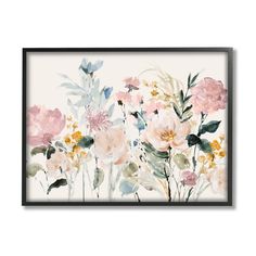 an art print with pink flowers and green leaves