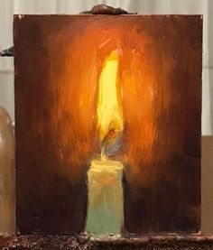 an oil painting of a lit candle on top of a wooden block with two vases in the background