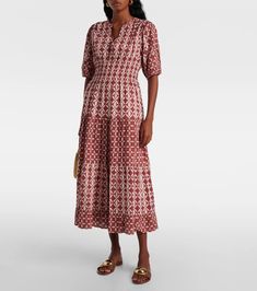 Joey printed cotton cambric midi dress in red - Velvet | Mytheresa Beach Cotton Midi Dress With Pattern, Printed Mid-length Midi Dress For Vacation, Printed Midi Dress For Vacation, Patterned Cotton Maxi Dress For Vacation, Casual Patterned Cotton Maxi Dress, Cotton Knee-length Maxi Dress For Daywear, Casual Cotton Midi Dress With Floral Print, Casual Printed Viscose Midi Dress, Cotton Floral Print Midi Dress For Vacation