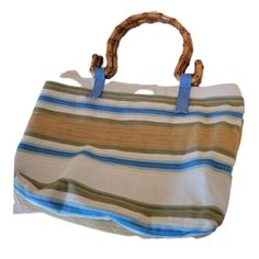 Crate&Barrel Striped Handbag With Bambo Handles Never Used 12 Inches Wide At The Top And About 7 1/2 Inches Tall. Like New As The Purse Was Never Used. Pretty Pattern Of Stripes With Blue, Green, Tan, Orange. The Top Has A Small Velcro Enclosure. Casual Shopping Bag With Bamboo Handle, Casual Tote Bag With Bamboo Handle, Blue Tote Bags With Bamboo Handle, Blue Tote Bag With Bamboo Handle, Blue Summer Bags With Bamboo Handle, Blue Bags With Bamboo Handle For Everyday Use, Blue Everyday Bags With Bamboo Handle, Blue Travel Bag With Bamboo Handle, Blue Leather Handle Shoulder Bag For Summer