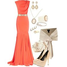 Love this dress style. Costum Elegant, Elegant Fashion Outfits, Dress And Accessories, Dresses Design, Gorgeous Gowns, Long Gown, Orange Dress, Polyvore Outfits, Elegant Outfit