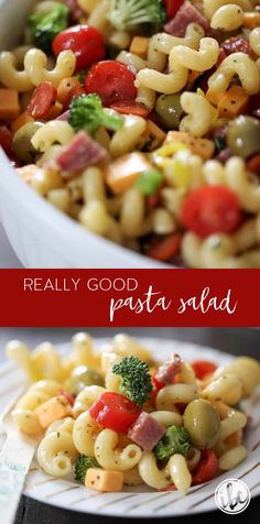 pasta salad with broccoli, tomatoes and other vegetables in a white bowl on a table