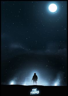 a man standing on top of a snow covered field under a moon filled night sky