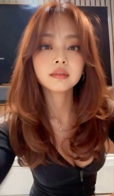 Bunny Face Type, Asian Ginger Hair, Jennie Bangs, Jennie Hair, Pretty Hair Color