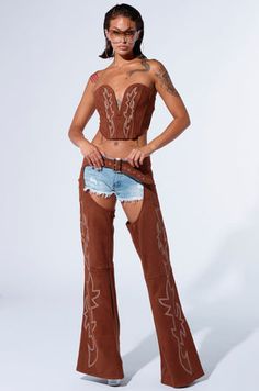 SMOKE HOUR SUEDE CHAPS IN BROWN Chaps Cowgirl, Contrast Embroidery, College Wardrobe, Waist Belt, Sweetheart Neckline, Lace Up, Lingerie, Wardrobe, Pants