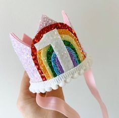 Size 2.5x2.5 inches in height and width Sold for the purchase of being the perfect photo prop Always remove hair accessories when your child is sleeping or unsupervised  Allow 1-2 week dispatch Rainbow Crown, 1st Birthday Crown, Crown Photos, Rainbow Hats, Crown Birthday, Crown Party, Girls Crown, Remove Hair, Glitter Birthday