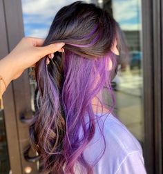 Lavender Peek A Boo Highlights, Lower Layer Dyed Hair, Brown Hair With Purple Extensions, Peekaboo Hair Color Purple And Brown, Violet Peekaboo Highlights, Pickaboo Hair Color Purple, Peekaboo Hair Purple And Brown, Peekaboo Hair Color Brunettes Purple, Purple Peekaboo Brown Hair