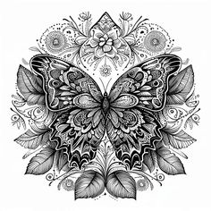 a black and white drawing of a butterfly with lots of leaves on it's wings