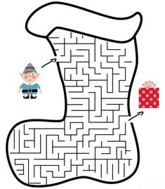 a christmas stocking maze with an elf holding a present