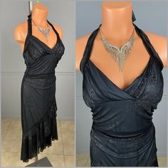 two pictures of a woman's black dress and necklace on mannequins