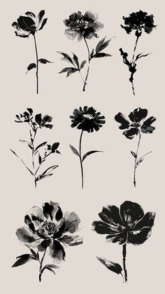 black and white flowers on a light gray background