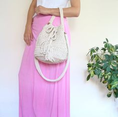 Crochet ivory sack bag with tassels boho bucket bag cotton | Etsy Cotton Rope Bag, Custom Drawstring Bags, Crochet Beach Bags, Rope Bag, Sack Bag, Boho Accessories, Basket Bag, Boho Bag, Cotton Rope