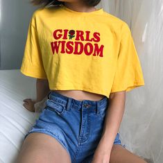 GIRLS WISDOM Rose Printed Top Yellow Letter Print Tops, Yellow Printed Cotton Tops, Soft Aesthetic Outfits, Fashion Essay, Sweet 16 Outfits, Ripped Jeans Style, New In Fashion, Crop Top Outfits, Yellow Fashion