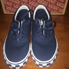 Blue Canvas Sneaker With A Blue And White Checkered Bumper. Nwt Never Worn In The Original Box. These Are A 4 Juniors Equal To 5.5-6 In Woman’s. Navy Vans Sneakers With Round Toe, Blue Slip On Vans, Blue Low-top Vans Sneakers, Vans Checkerboard Blue, Blue Vans Skate Shoes, Blue Slip-on Vans Sneakers, Vans Blue, Shoes Vans, Womens Vans