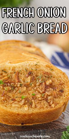 This homemade French Onion Garlic Bread is loaded with caramelized onions and gooey cheese. It's so easy to make—a must-try for any garlic bread lover. Follow for more great recipes! Cranberry Sauce Crockpot, Onion Garlic Bread, Southern Candied Yams, Pecan Pie Recipe Southern, Rustic Italian Bread, Crockpot Christmas, Christmas Breakfast Casserole