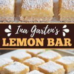 lemon bars with powdered sugar on top and in the background, there is a sign that says iu garter's lemon bar