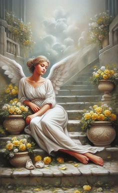 a painting of an angel sitting on steps with flowers in the foreground and stairs leading up to it