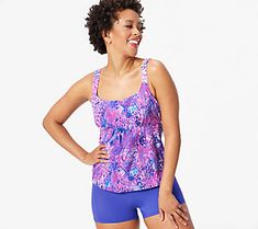 Make a splash in this fabulous tankini set. The printed top is flattering for any figure, while the bike shorts offer practical coverage so you can focus on the fun. Whether you're headed to the pool or the beach, it's the swimwear style you'll reach for again and again. From Kim Gravel x Swimsuits For All. Summer Fitted Swimwear With Moisture-wicking, Blue Top For Summer Water Sports, Spring Printed Tankini For Swimming, Printed Tankini For Spring Swimming, Sporty Sleeveless Tankini For Water Sports, Stretch Top For Water Sports In Summer, Moisture-wicking Sleeveless Swimwear For Water Sports, Moisture-wicking Fitted Swimwear For Vacation, Spring Sleeveless Tankini With Upf 50+